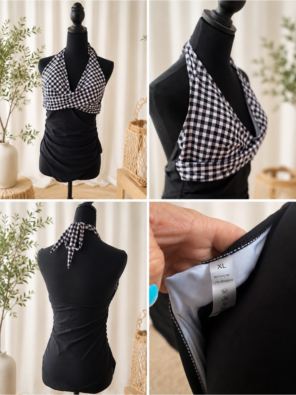 Cupshe Black & White Gingham Halter One-Piece Swimsuit